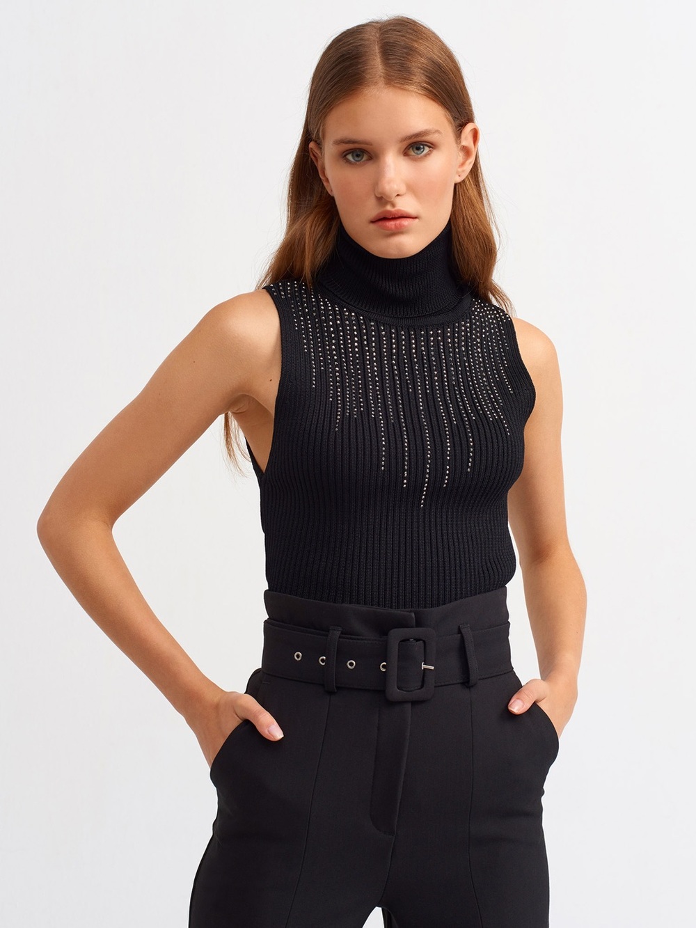 Zara Rhinestone Embellished Ribbed Turtleneck Top Black Medium